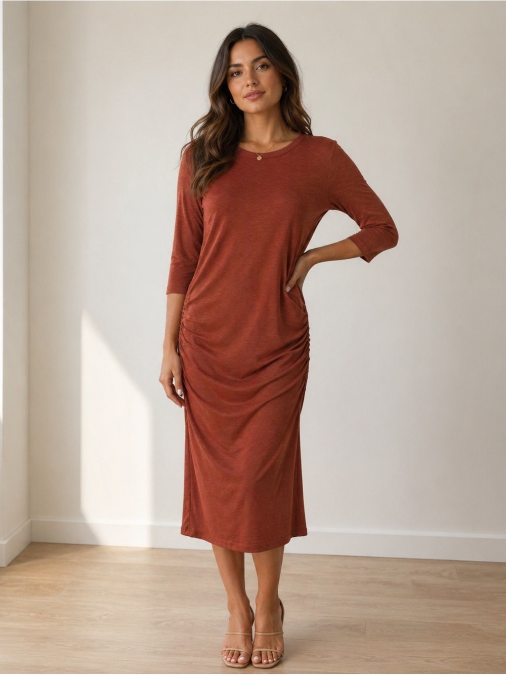 Anthropology Michael Stars Burnt Orange Sleeve Ruched Side Midi Dress Sz L Usa